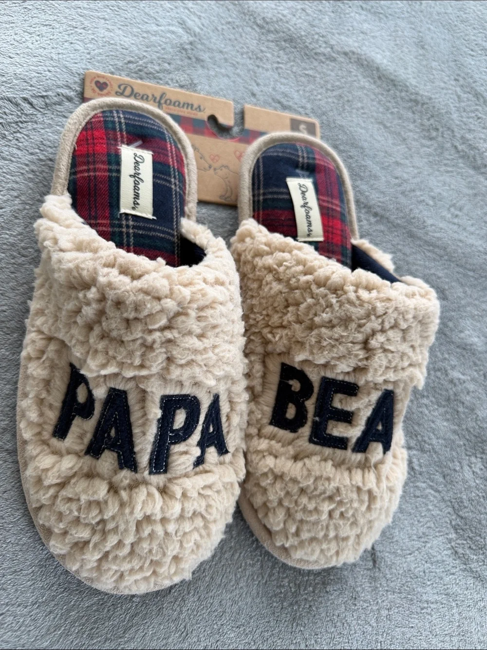 dearfoams Beige Faux-Sherpa 'PAPA BEAR' Slip-On Slippers with Plaid Insole